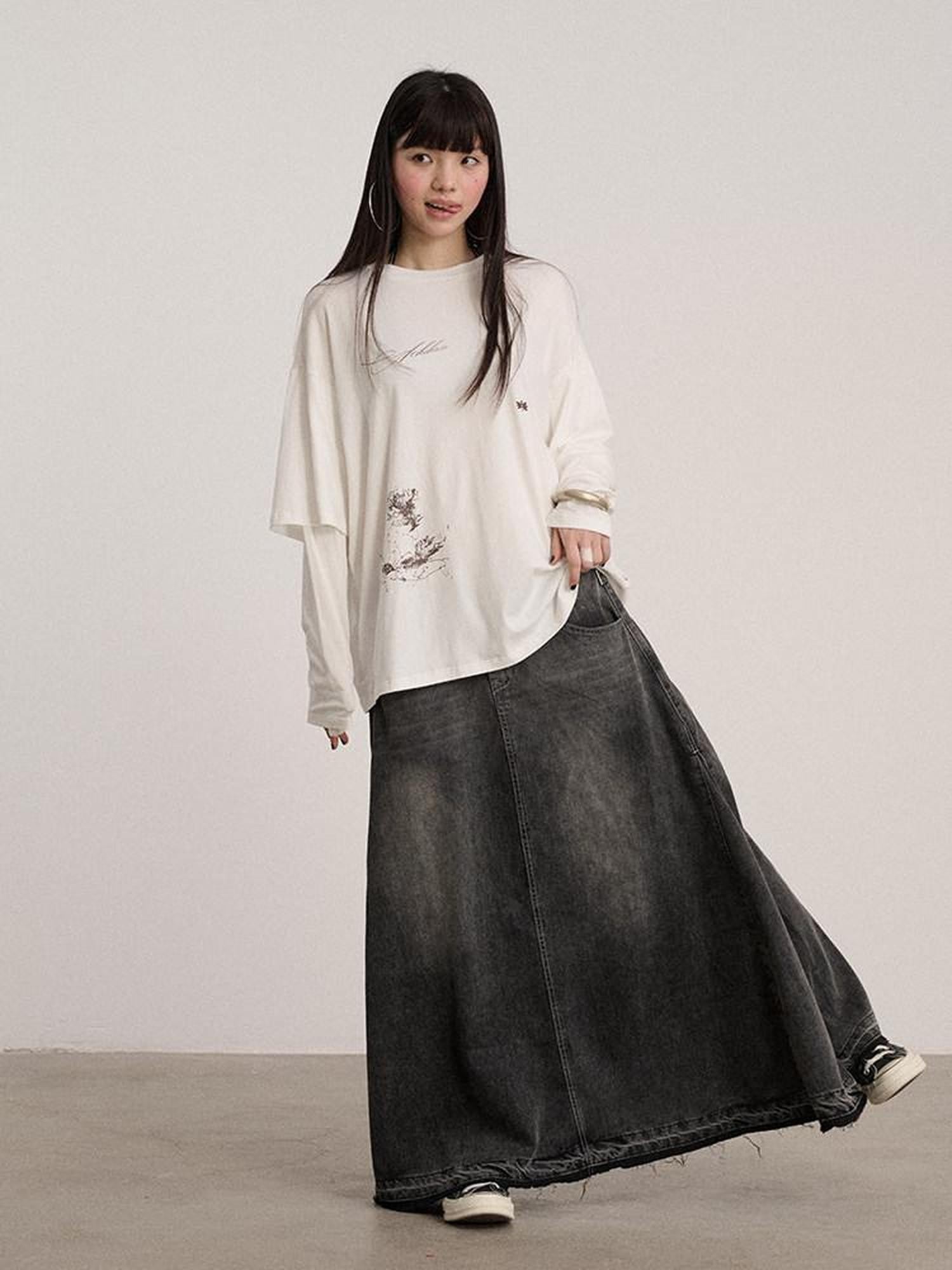 Achihara Black Washed A Line Low Waist Loose Mid Length Women'S Cotton Blend Denim Skirts
