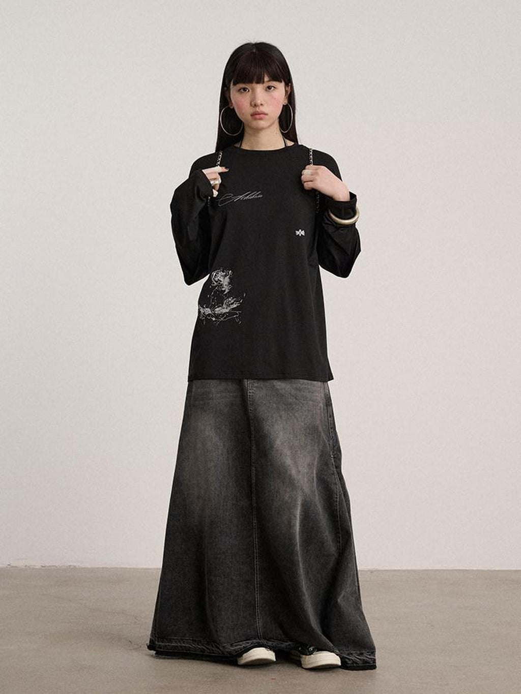 Achihara Black Washed A Line Low Waist Loose Mid Length Women'S Cotton Blend Denim Skirts
