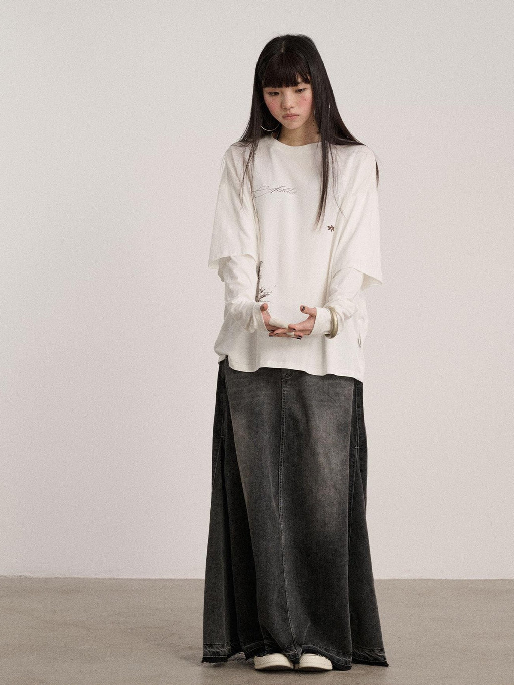 Achihara Black Washed A Line Low Waist Loose Mid Length Women'S Cotton Blend Denim Skirts