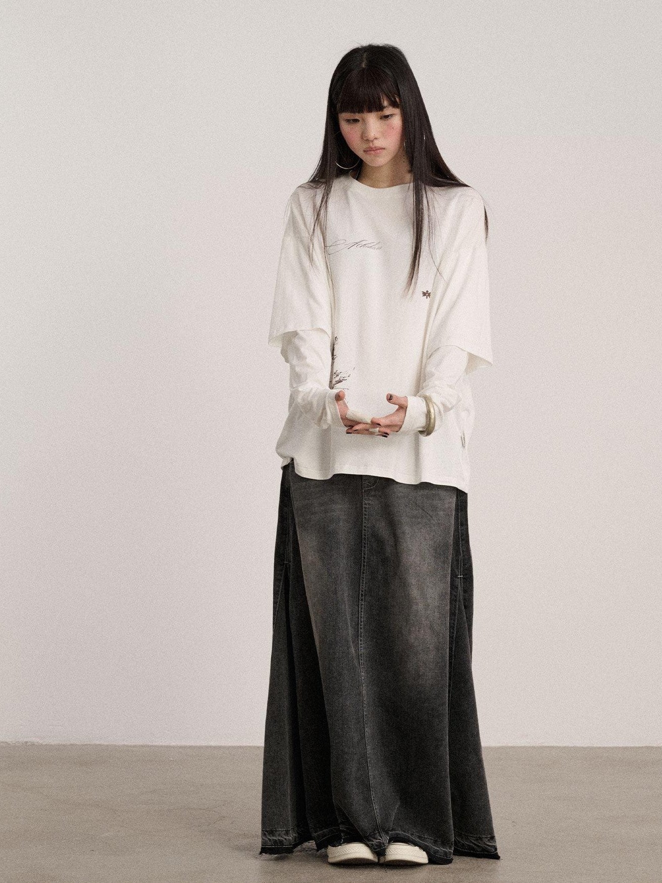 Achihara Black Washed A Line Low Waist Loose Mid Length Women'S Cotton Blend Denim Skirts