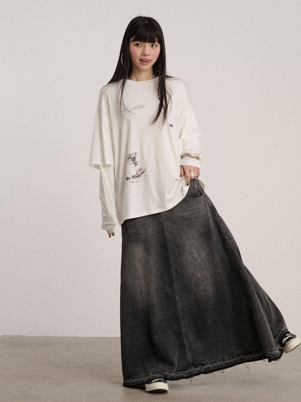 Achihara Black Washed A Line Low Waist Loose Mid Length Women'S Cotton Blend Denim Skirts