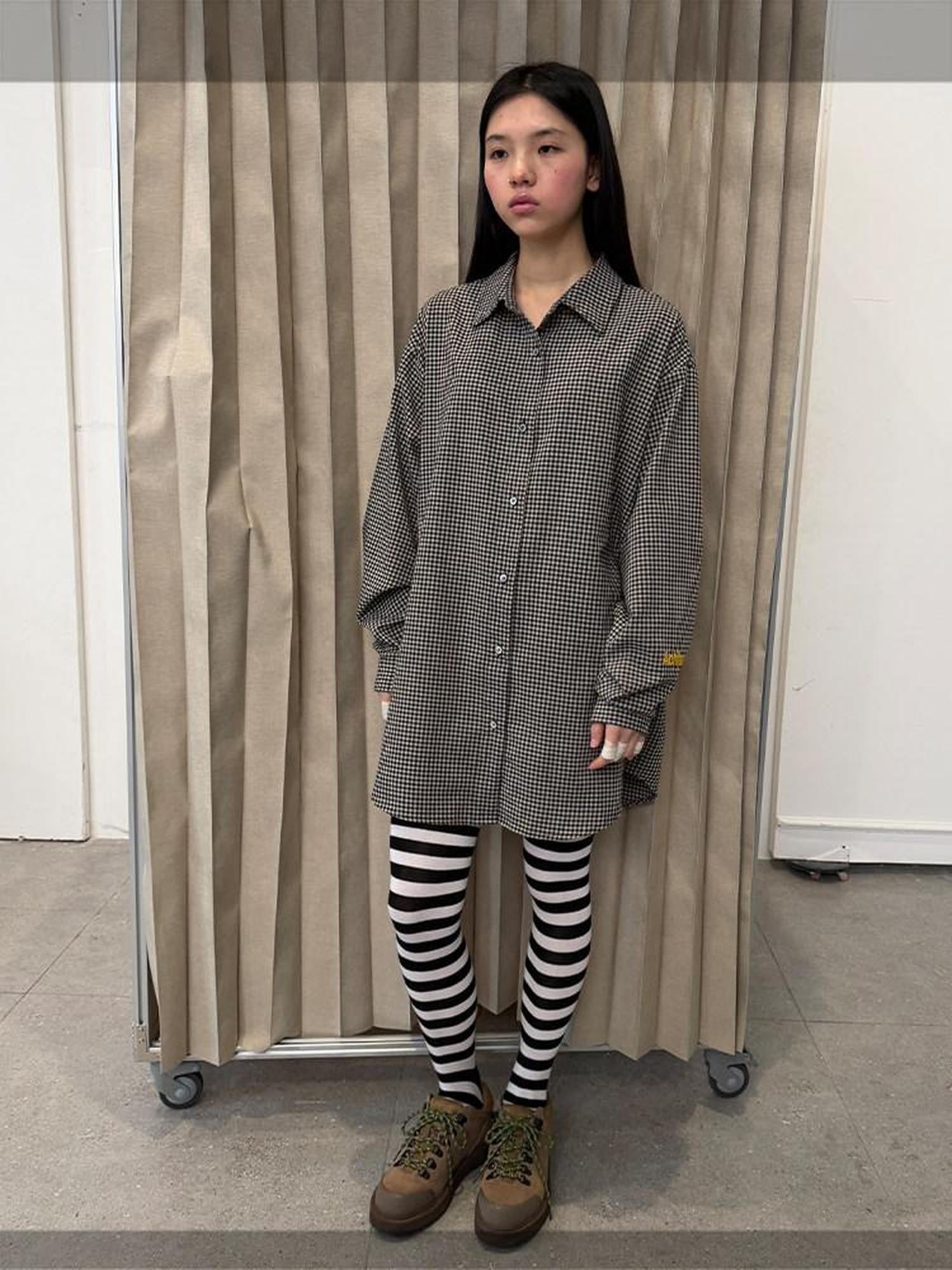 Achihara Black White Checked Long Sleeve Turn Down Collar Women'S Cotton Blend Shirts