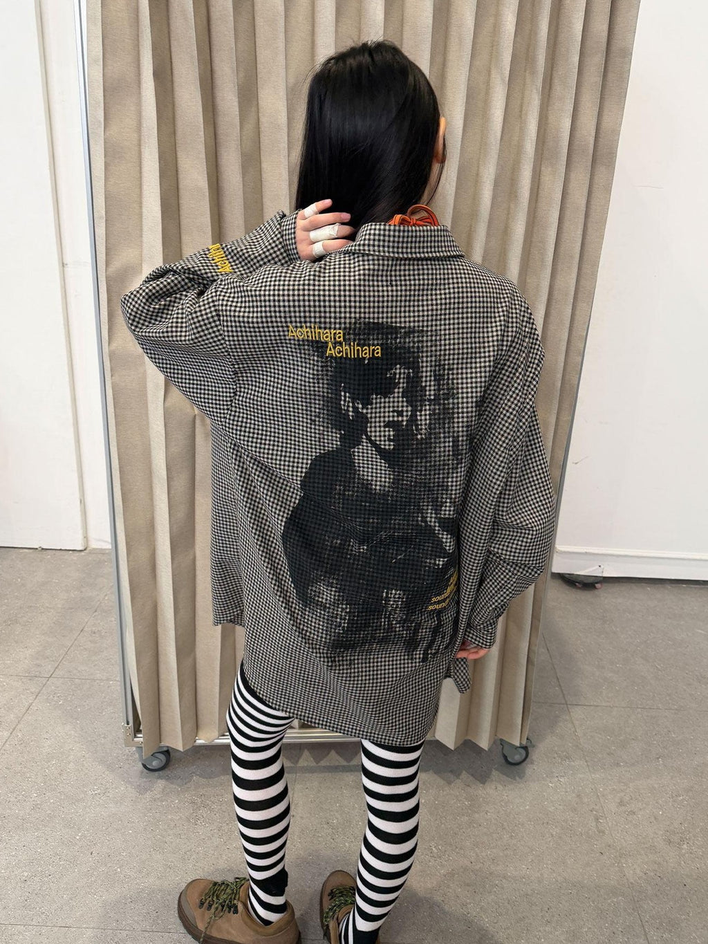 Achihara Black White Checked Long Sleeve Turn Down Collar Women'S Cotton Blend Shirts