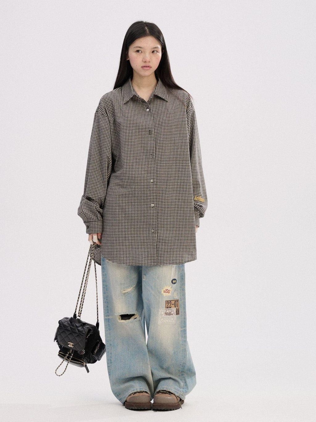 Achihara Black White Checked Long Sleeve Turn Down Collar Women'S Cotton Blend Shirts