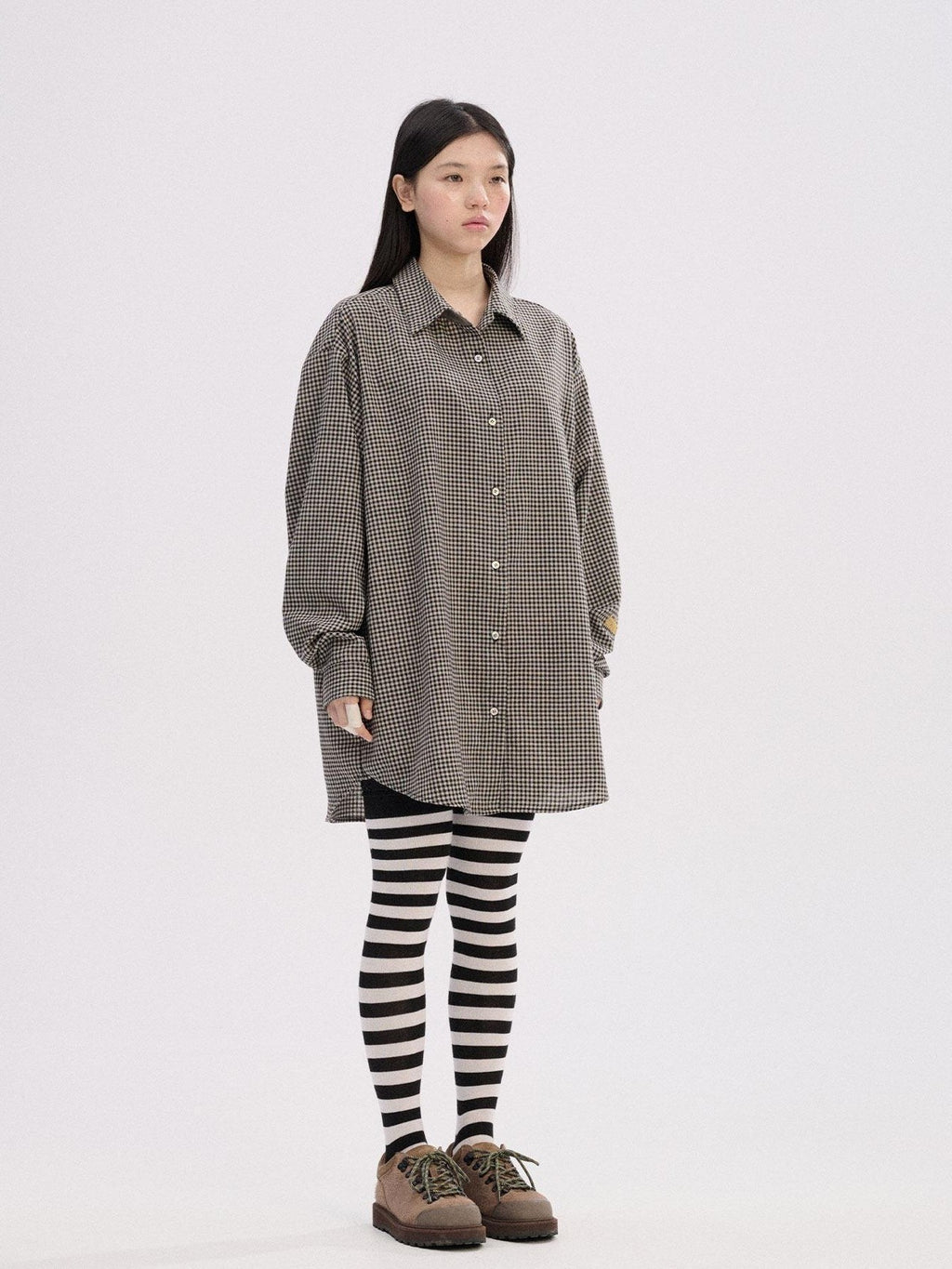 Achihara Black White Checked Long Sleeve Turn Down Collar Women'S Cotton Blend Shirts