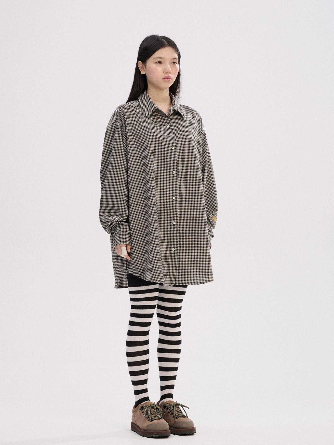 Achihara Black White Checked Long Sleeve Turn Down Collar Women'S Cotton Blend Shirts