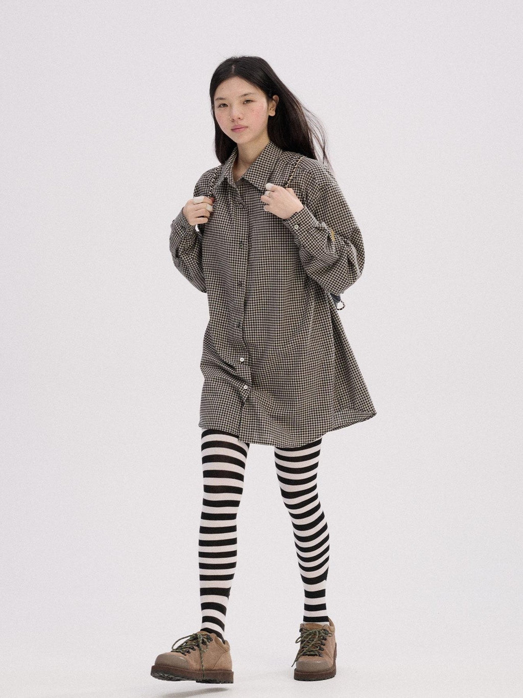 Achihara Black White Checked Long Sleeve Turn Down Collar Women'S Cotton Blend Shirts