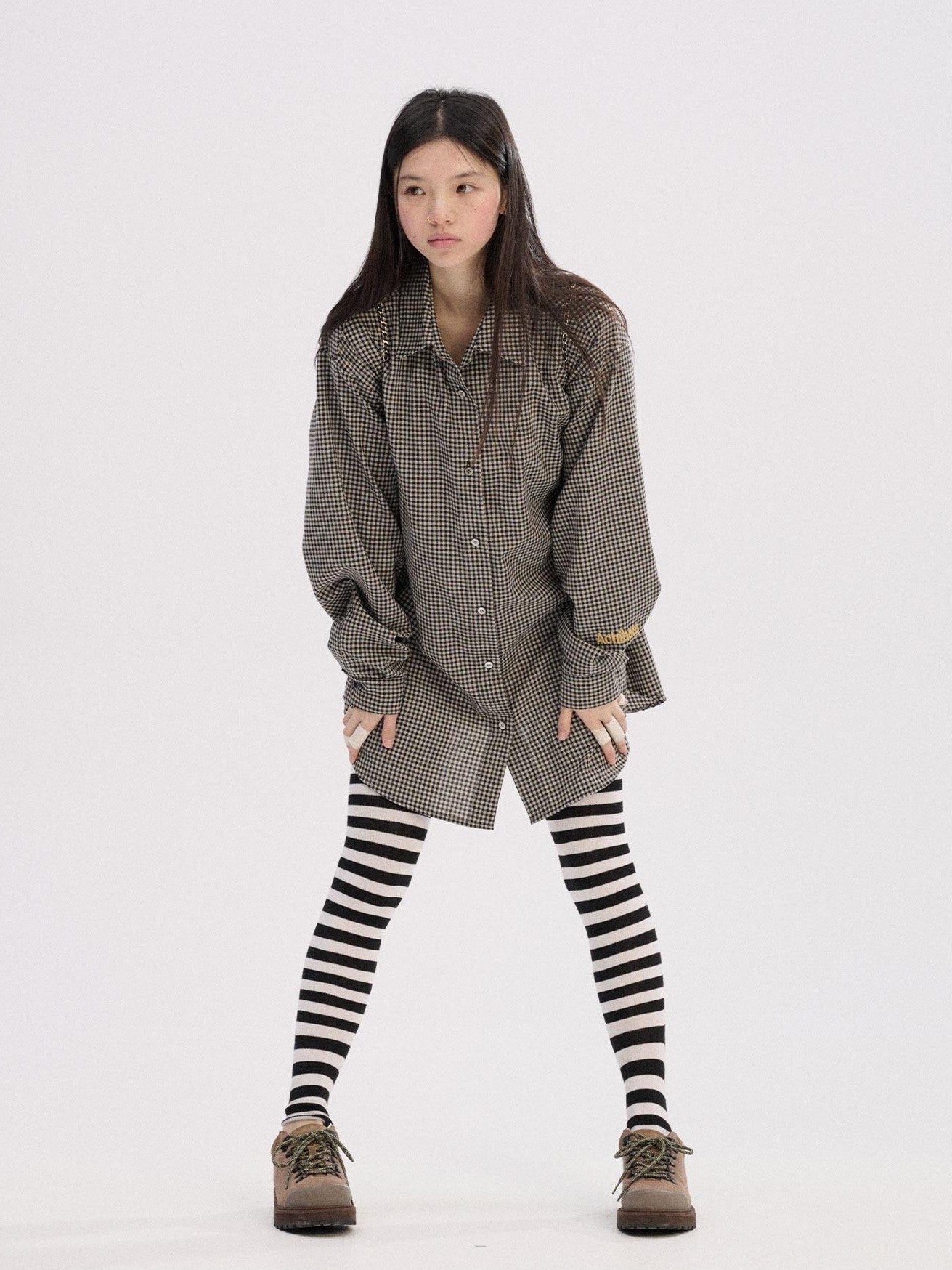 Achihara Black White Checked Long Sleeve Turn Down Collar Women'S Cotton Blend Shirts