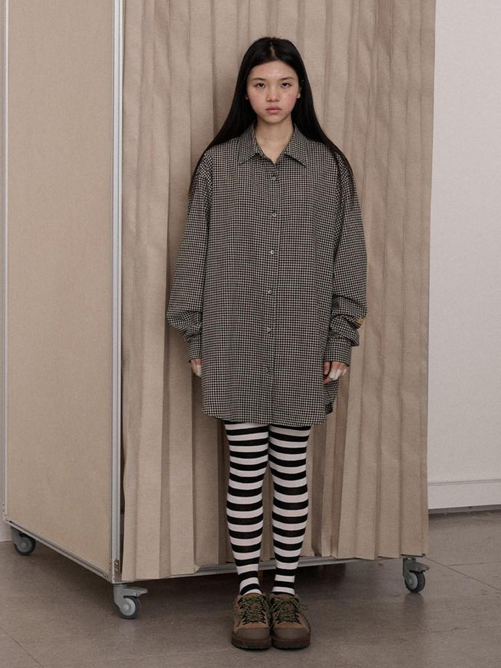 Achihara Black White Checked Long Sleeve Turn Down Collar Women'S Cotton Blend Shirts