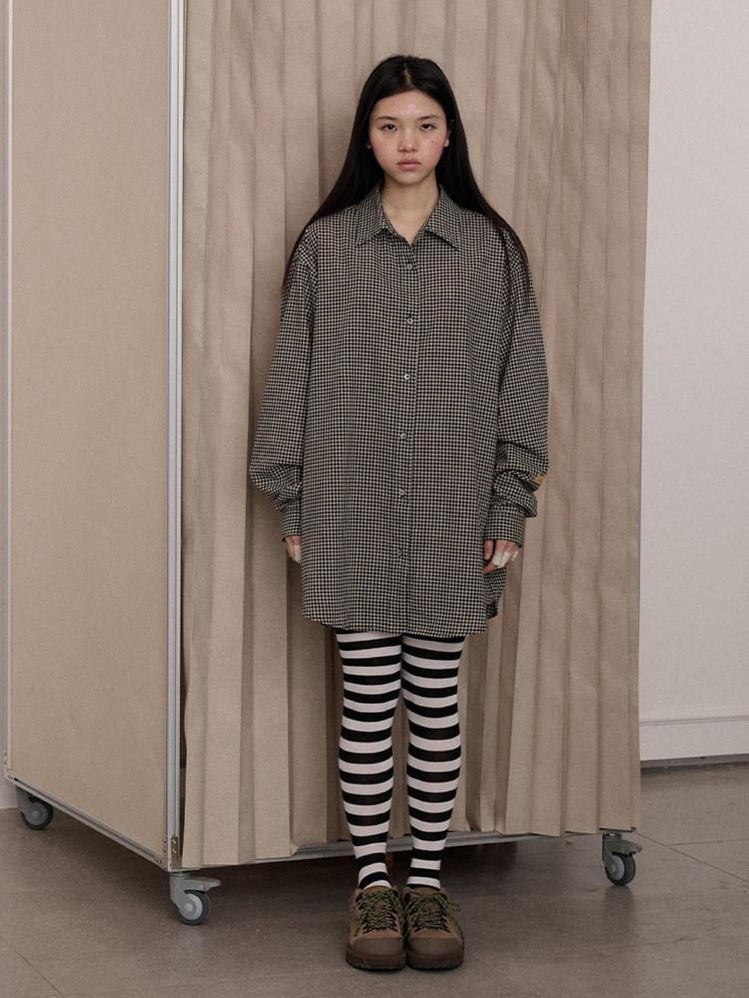 Achihara Black White Checked Long Sleeve Turn Down Collar Women'S Cotton Blend Shirts