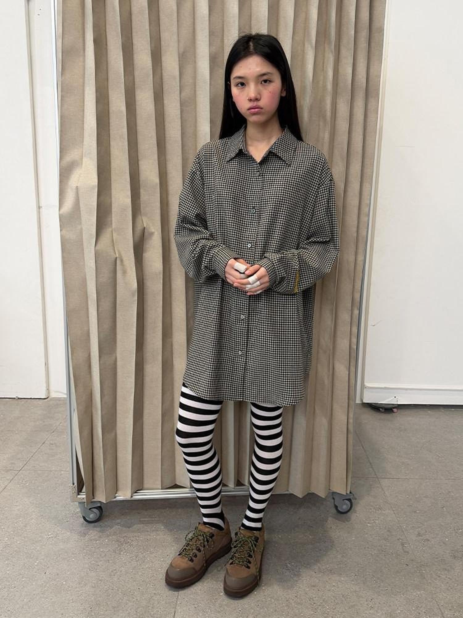 Achihara Black White Checked Long Sleeve Turn Down Collar Women'S Cotton Blend Shirts