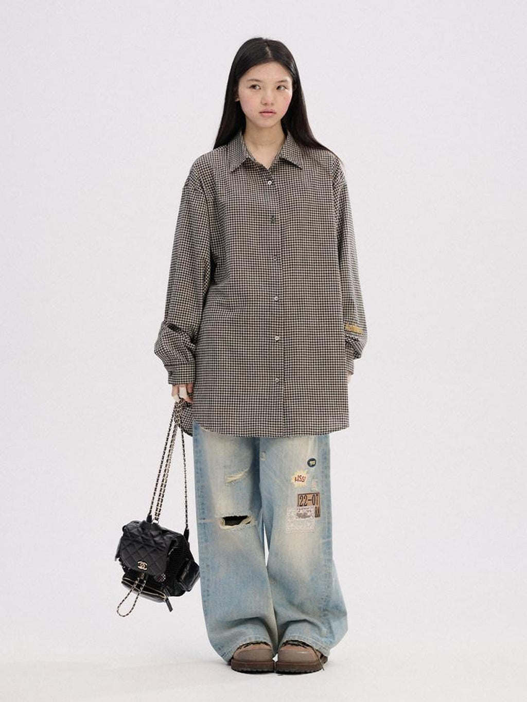 Achihara Black White Checked Long Sleeve Turn Down Collar Women'S Cotton Blend Shirts