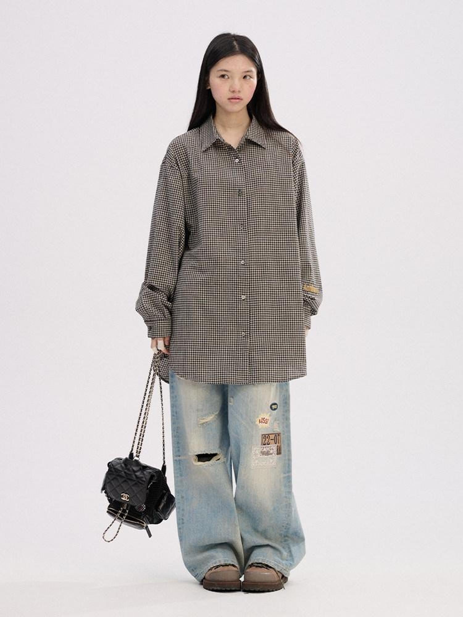 Achihara Black White Checked Long Sleeve Turn Down Collar Women'S Cotton Blend Shirts