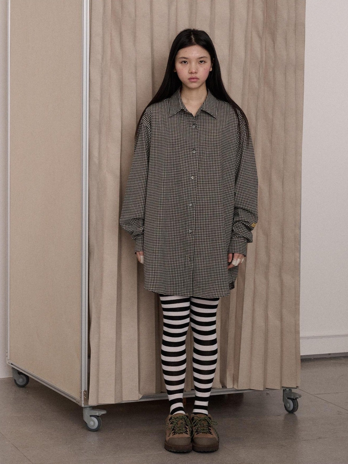 Achihara Black White Checked Long Sleeve Turn Down Collar Women'S Cotton Blend Shirts