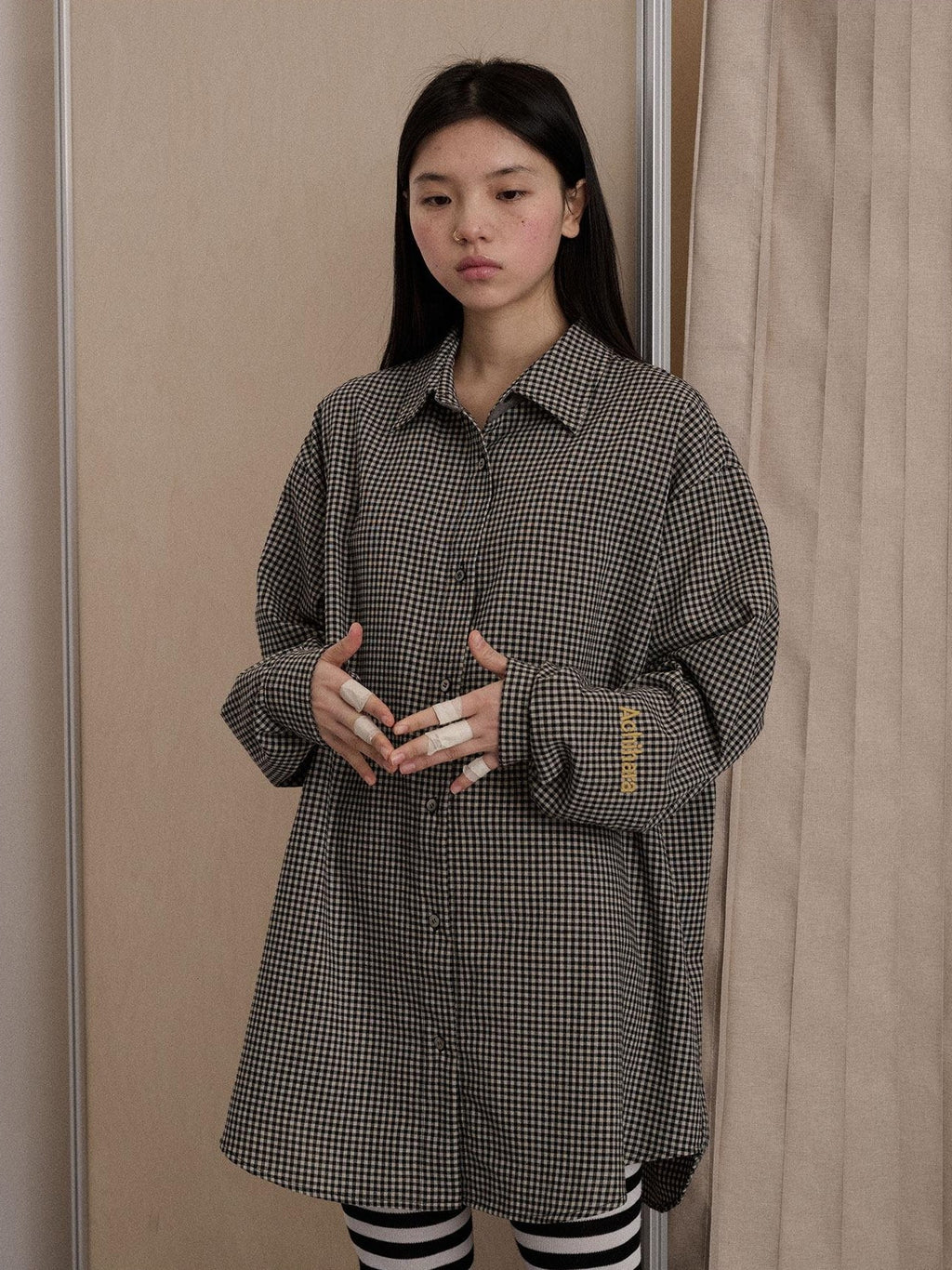 Achihara Black White Checked Long Sleeve Turn Down Collar Women'S Cotton Blend Shirts