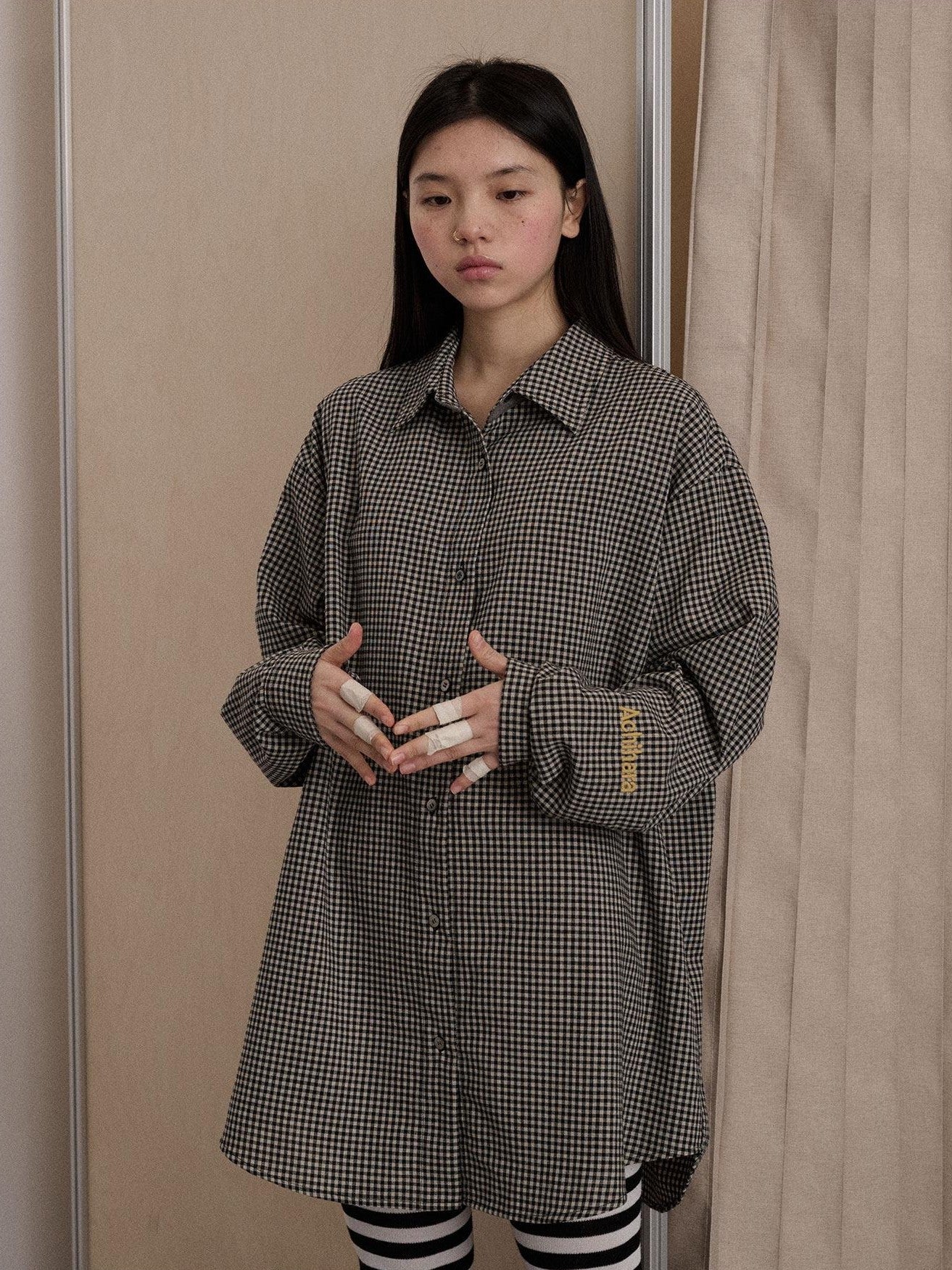 Achihara Black White Checked Long Sleeve Turn Down Collar Women'S Cotton Blend Shirts