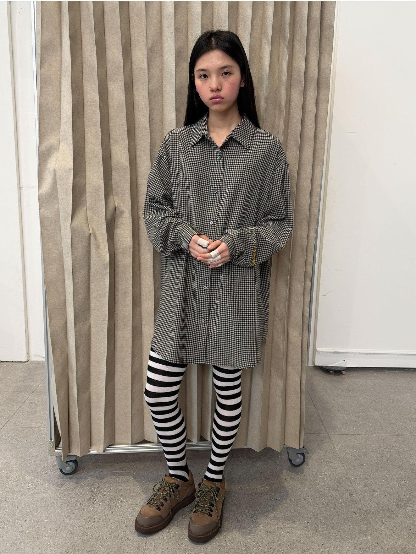 Achihara Black White Checked Long Sleeve Turn Down Collar Women'S Cotton Blend Shirts