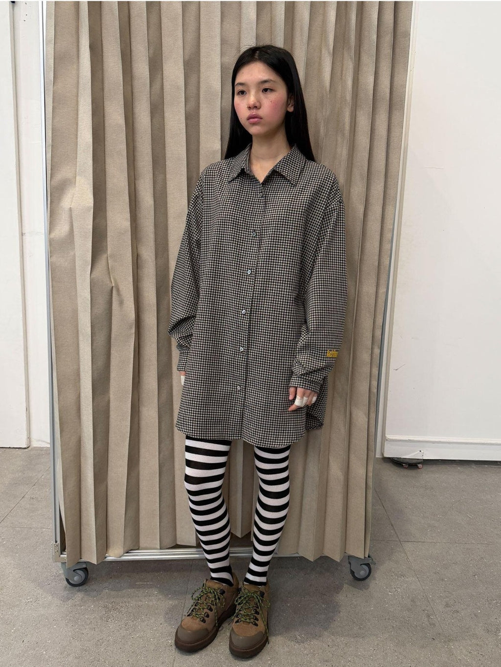 Achihara Black White Checked Long Sleeve Turn Down Collar Women'S Cotton Blend Shirts