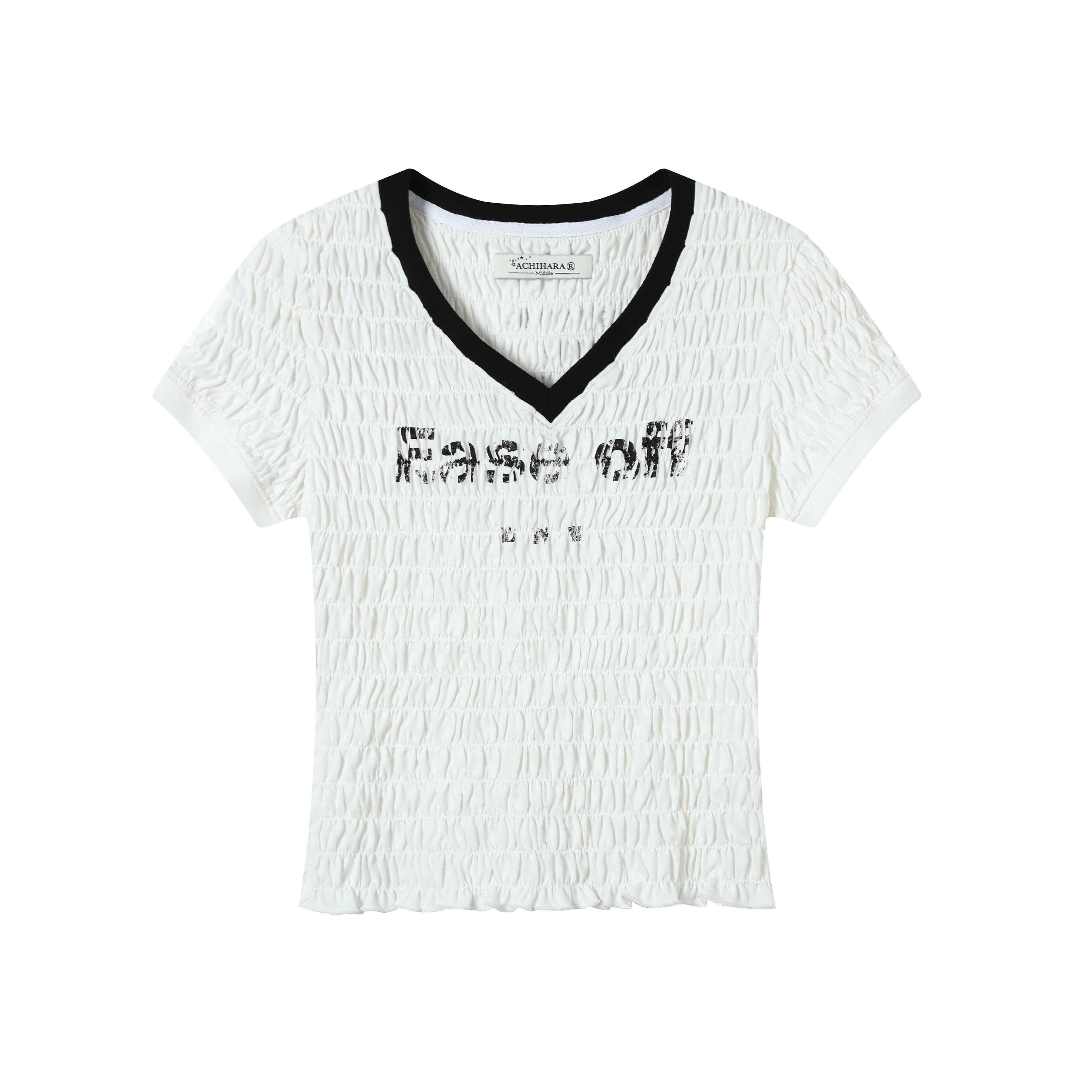 Achihara_Black_White_Ruched_Stretch_V-neck_Cropped_Women'S_Cotton_Short_Sleeve_T-Shirts_MISSTT