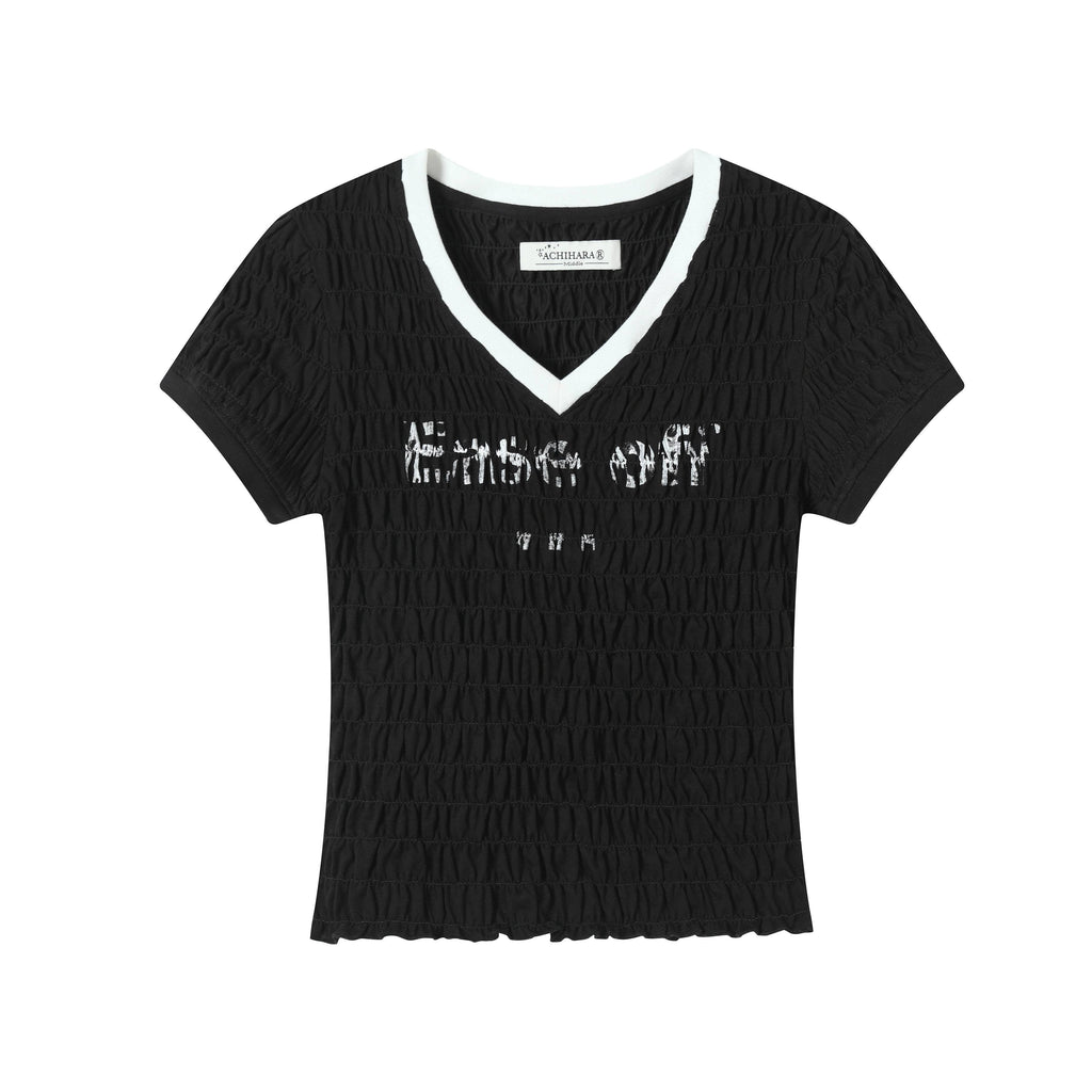 Achihara_Black_White_Ruched_Stretch_V-neck_Cropped_Women'S_Cotton_Short_Sleeve_T-Shirts_MISSTT