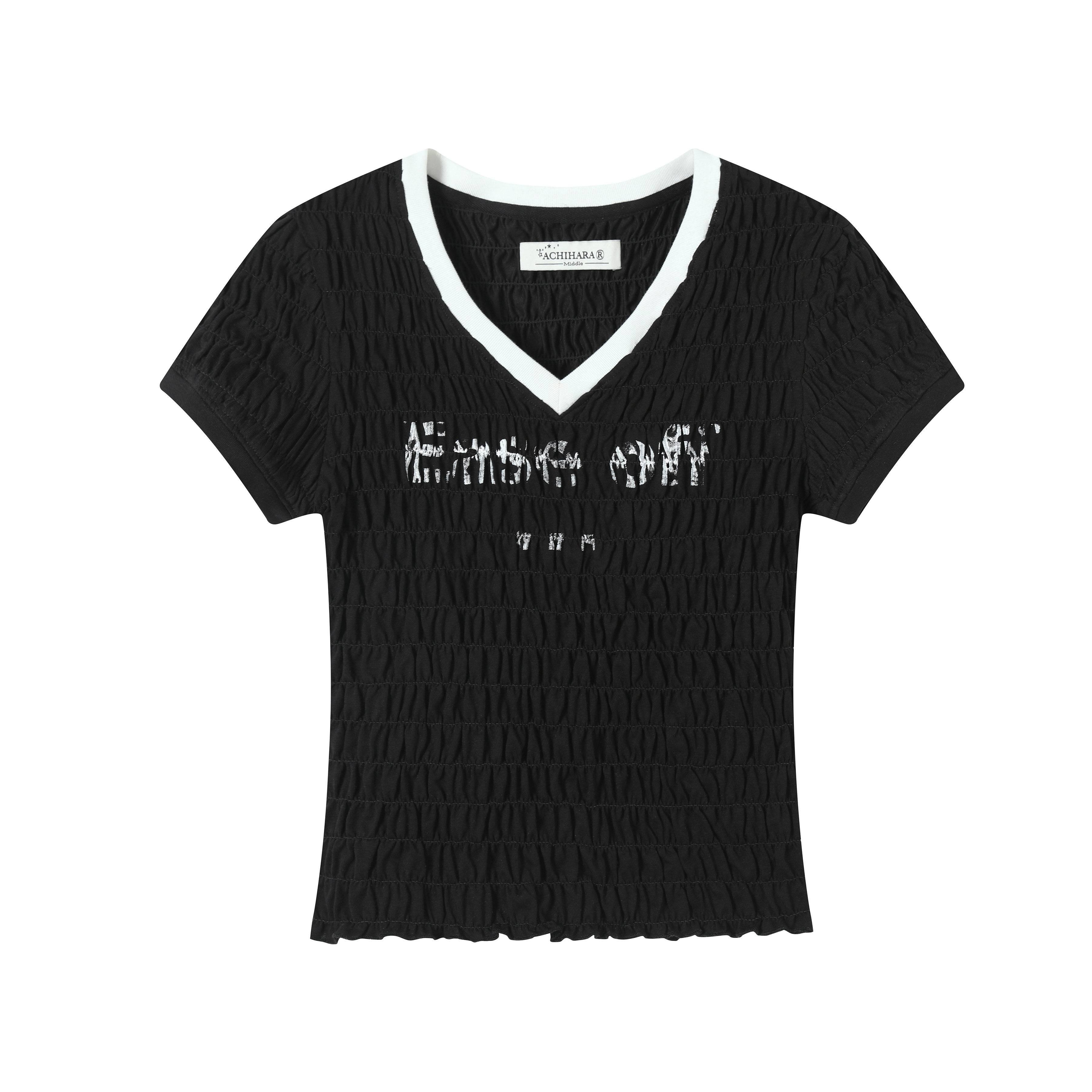 Achihara_Black_White_Ruched_Stretch_V-neck_Cropped_Women'S_Cotton_Short_Sleeve_T-Shirts_MISSTT