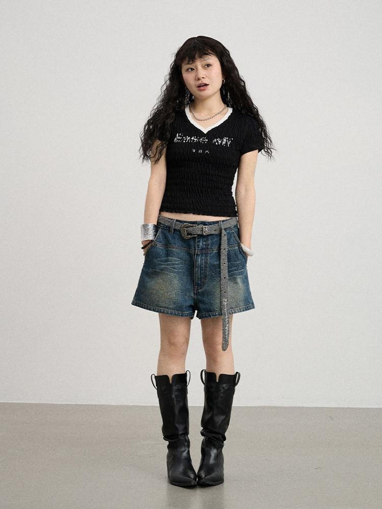 Achihara Black White Ruched Stretch V-neck Cropped Women'S Cotton Short Sleeve T-Shirts