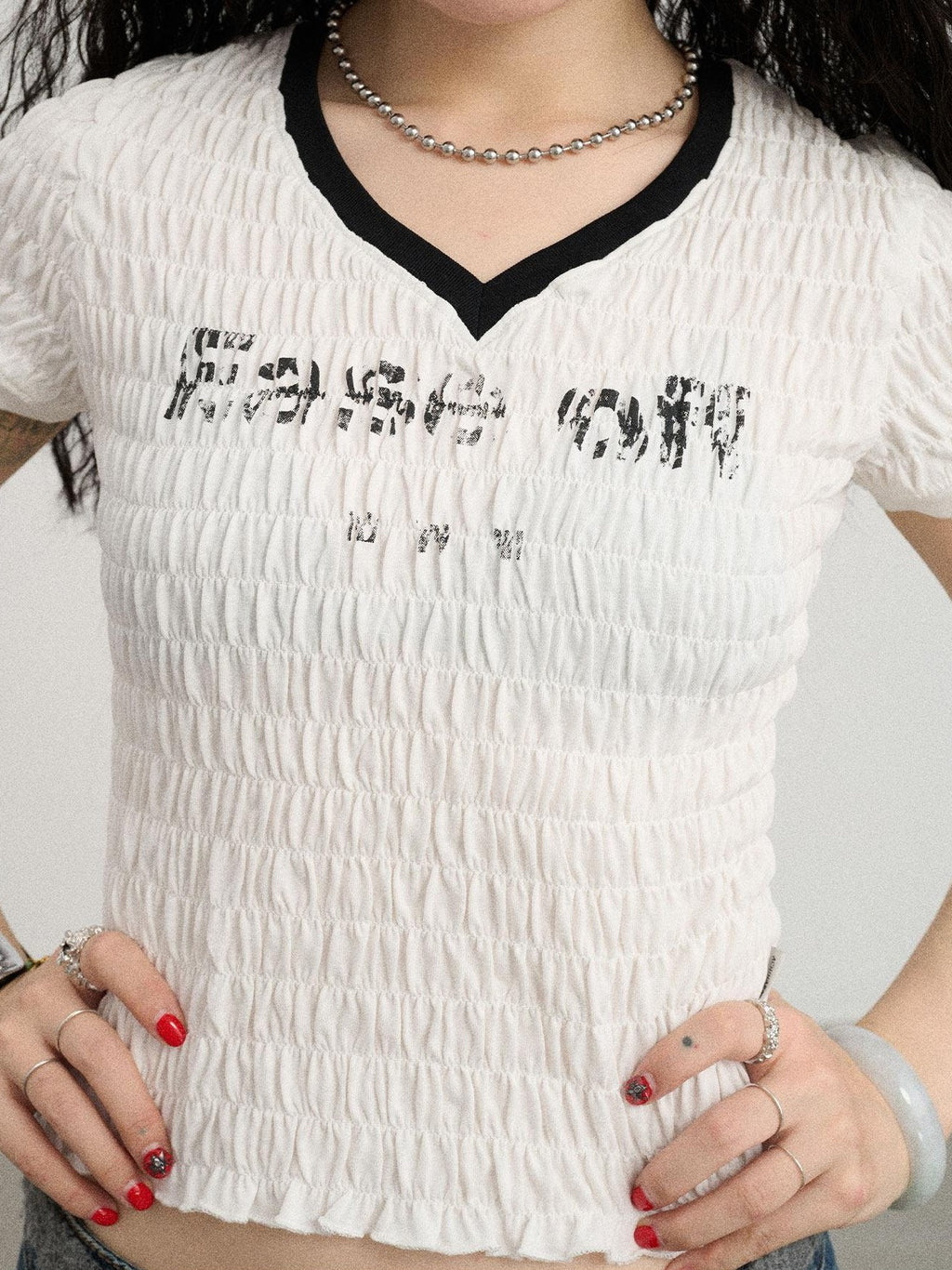 Achihara Black White Ruched Stretch V-neck Cropped Women'S Cotton Short Sleeve T-Shirts
