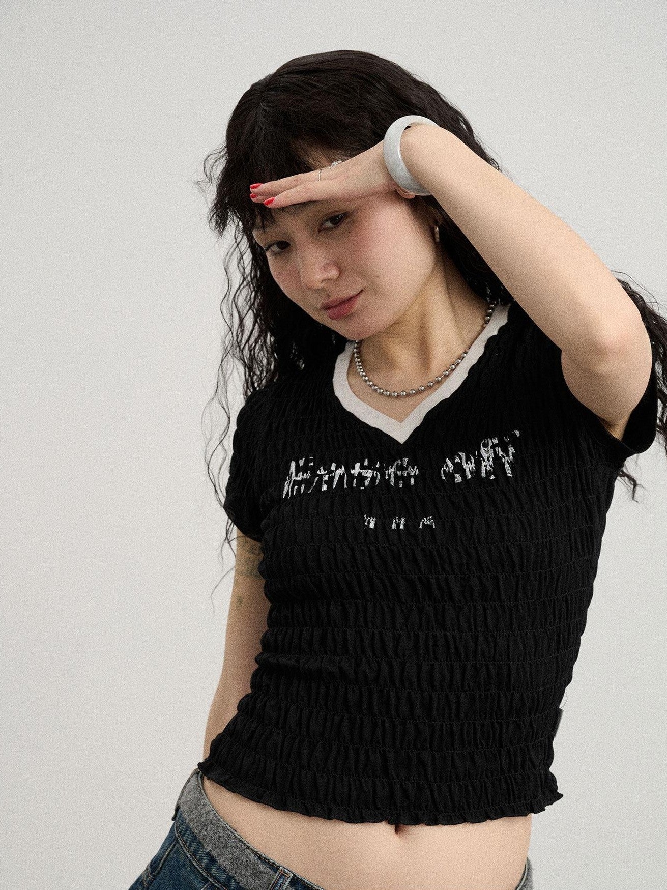 Achihara Black White Ruched Stretch V-neck Cropped Women'S Cotton Short Sleeve T-Shirts