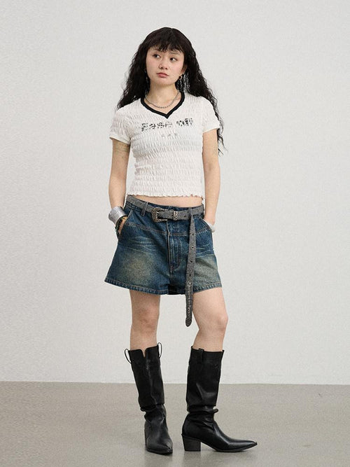 Achihara Black White Ruched Stretch V-neck Cropped Women'S Cotton Short Sleeve T-Shirts