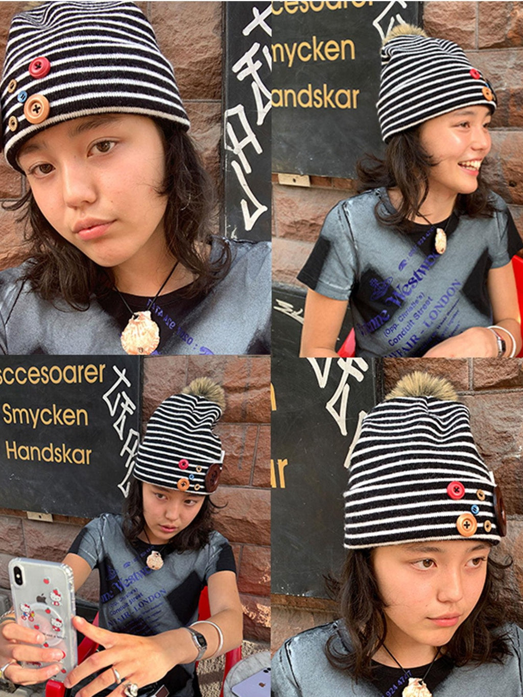 Achihara Black White Striped Button Closure Windproof Women'S Knit Winter Hats