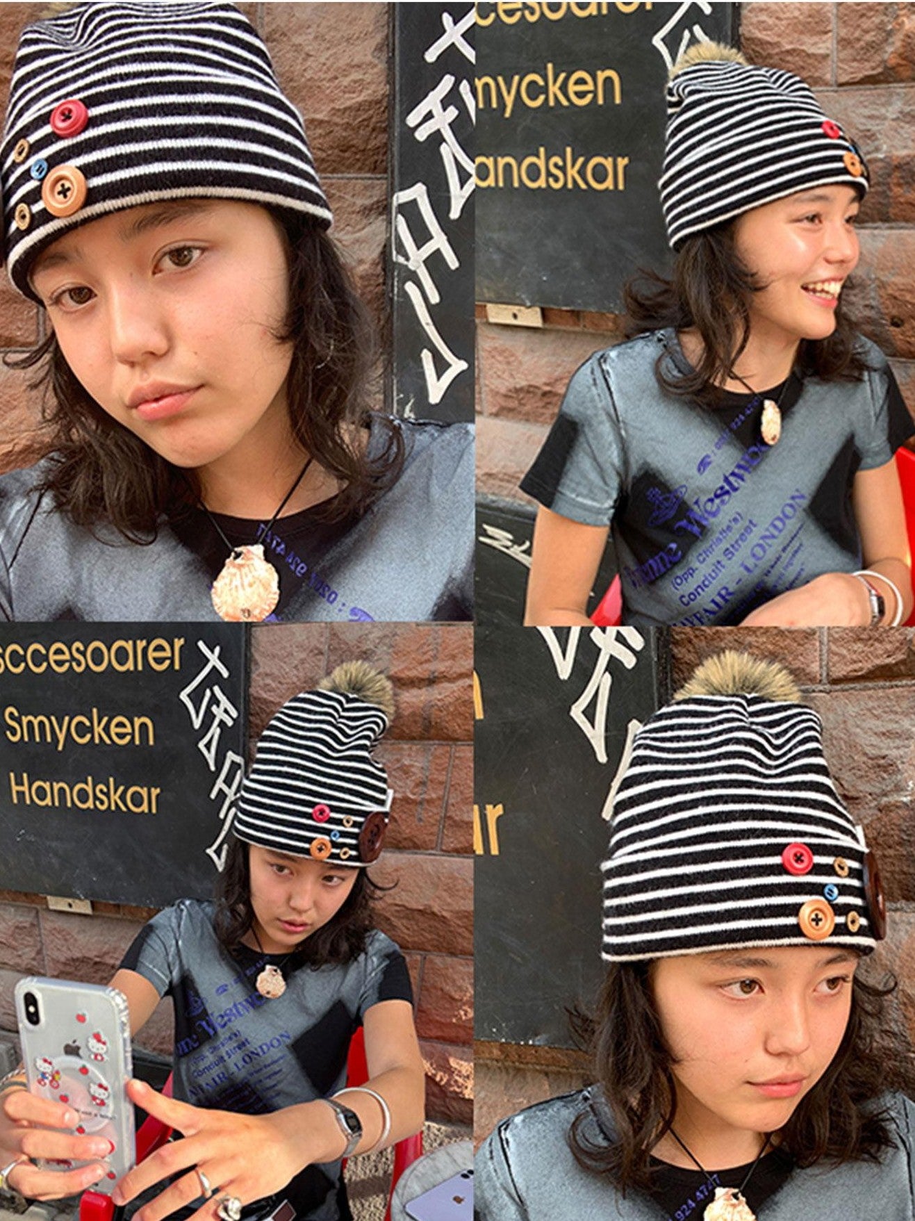 Achihara Black White Striped Button Closure Windproof Women'S Knit Winter Hats