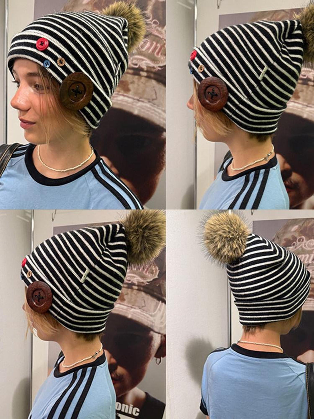 Achihara Black White Striped Button Closure Windproof Women'S Knit Winter Hats
