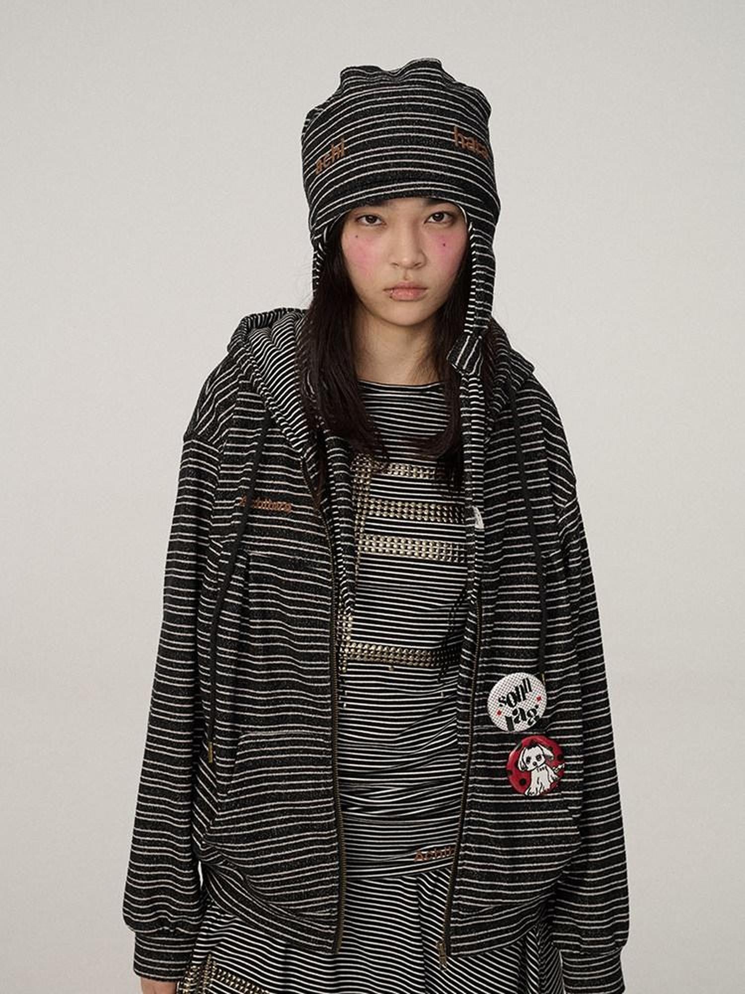 Achihara Black White Striped Dome Round Top Women'S Polyester Winter Hats