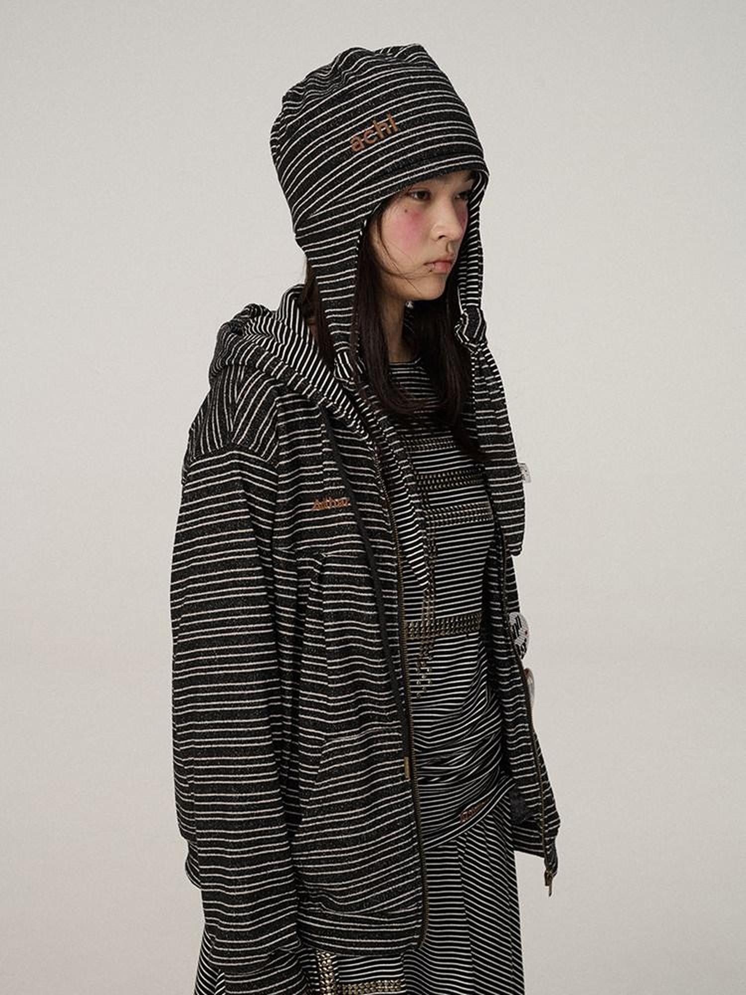 Achihara Black White Striped Dome Round Top Women'S Polyester Winter Hats