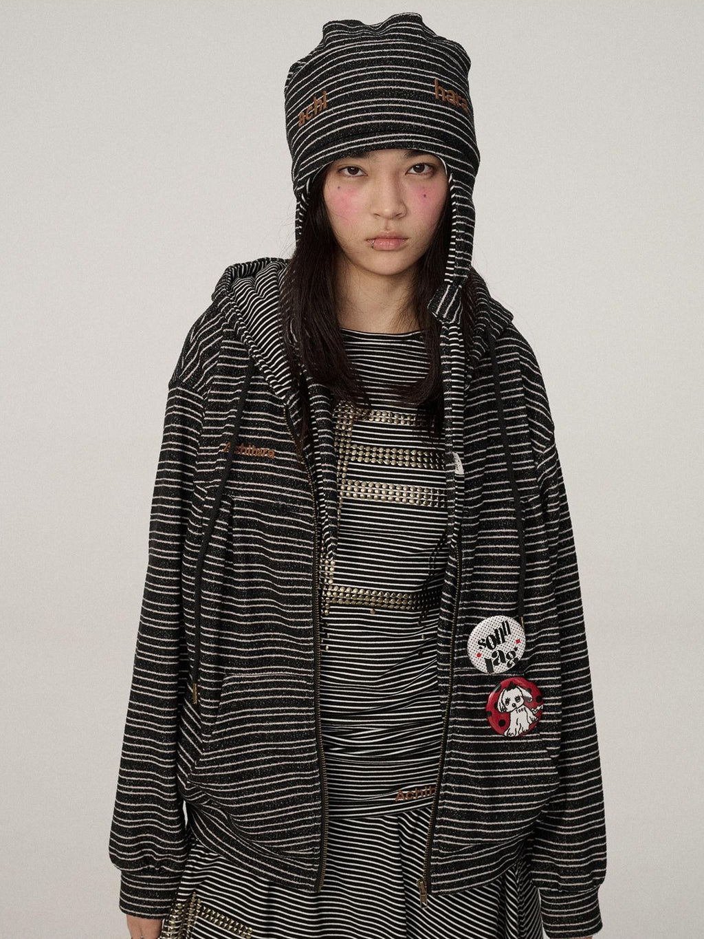 Achihara Black White Striped Dome Round Top Women'S Polyester Winter Hats