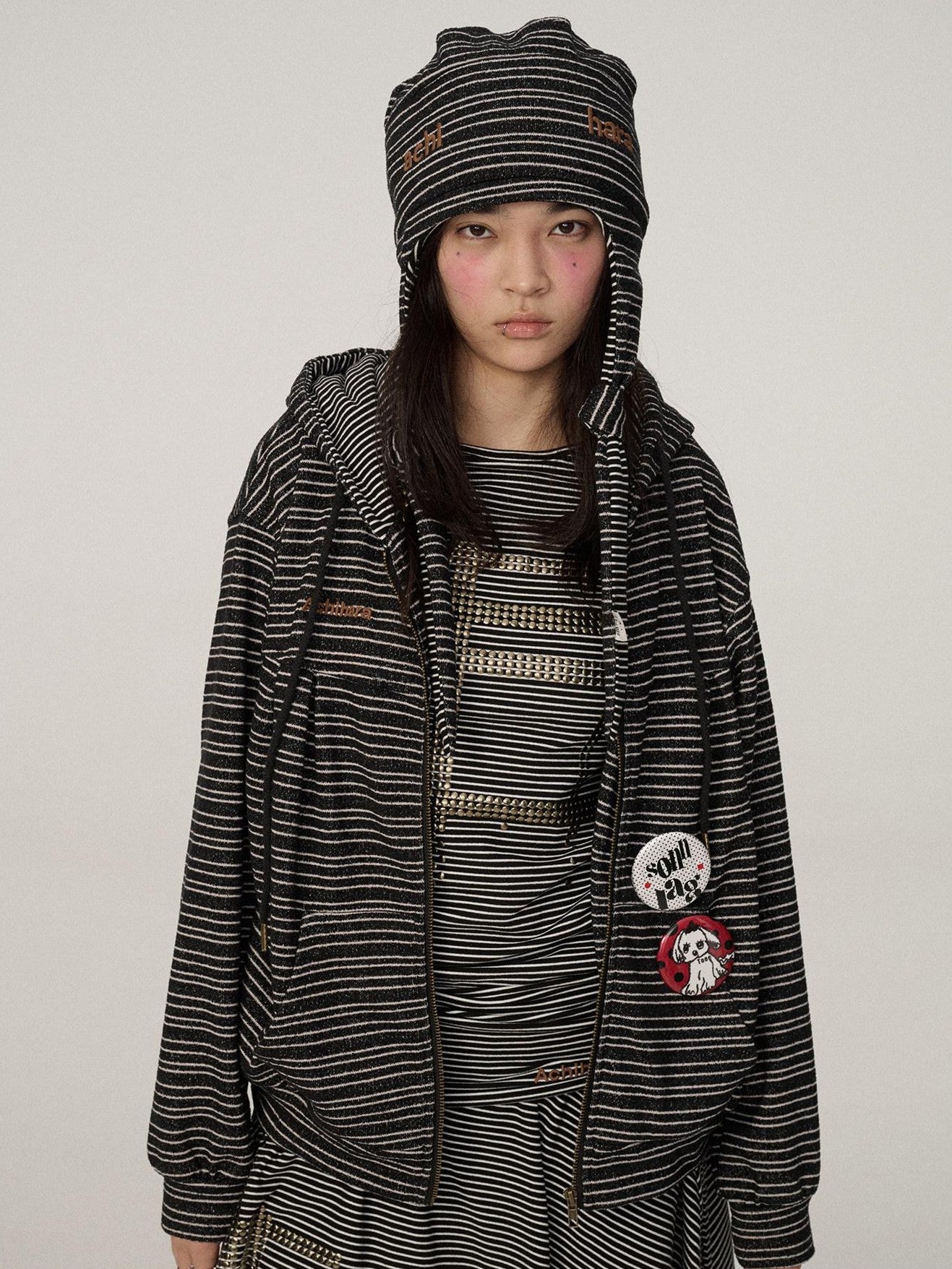 Achihara Black White Striped Dome Round Top Women'S Polyester Winter Hats