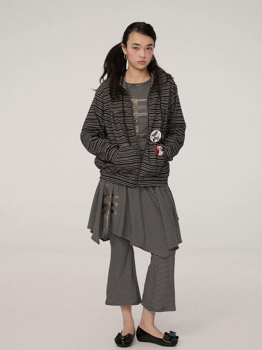 Achihara Black White Striped Hooded Zip Knit Straight Women'S Viscose Polyester Hoodies