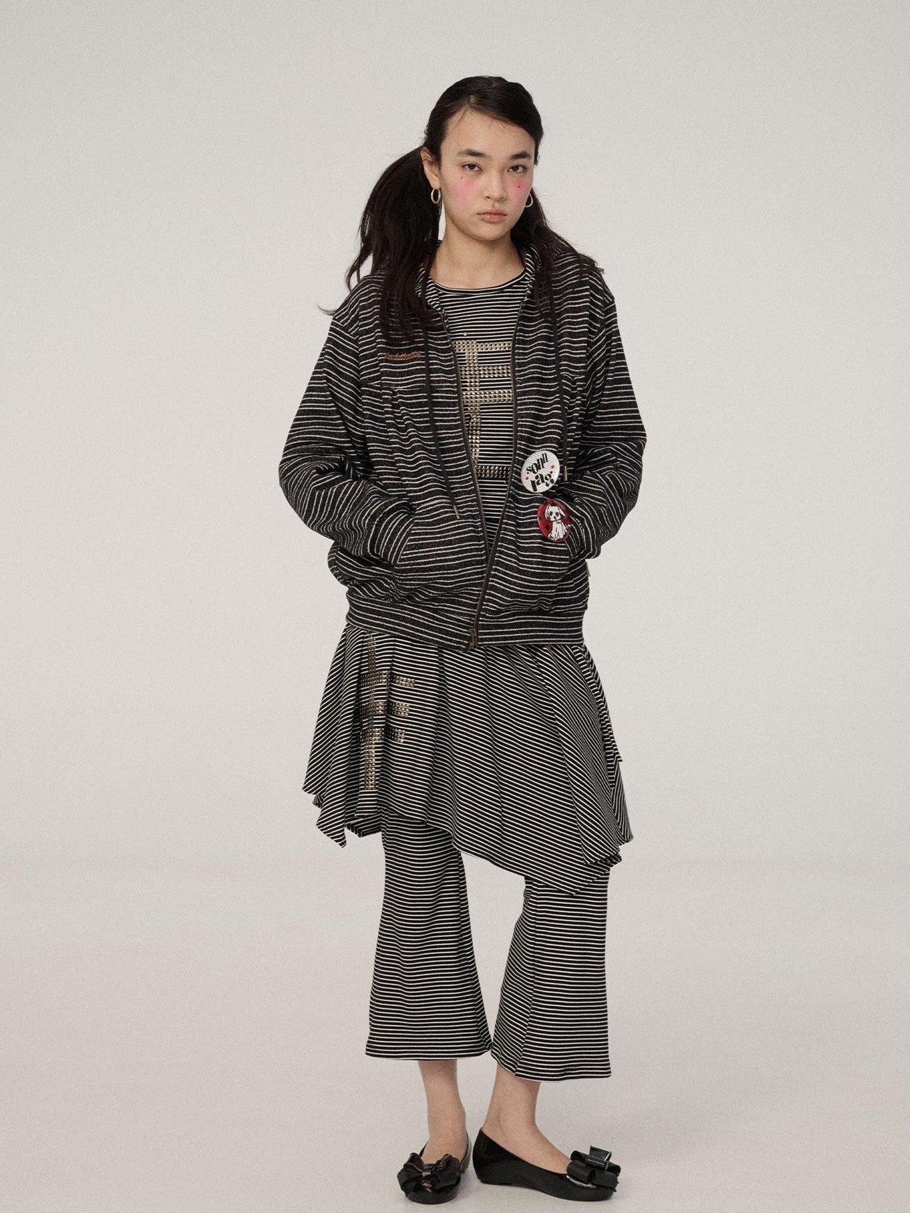 Achihara Black White Striped Hooded Zip Knit Straight Women'S Viscose Polyester Hoodies