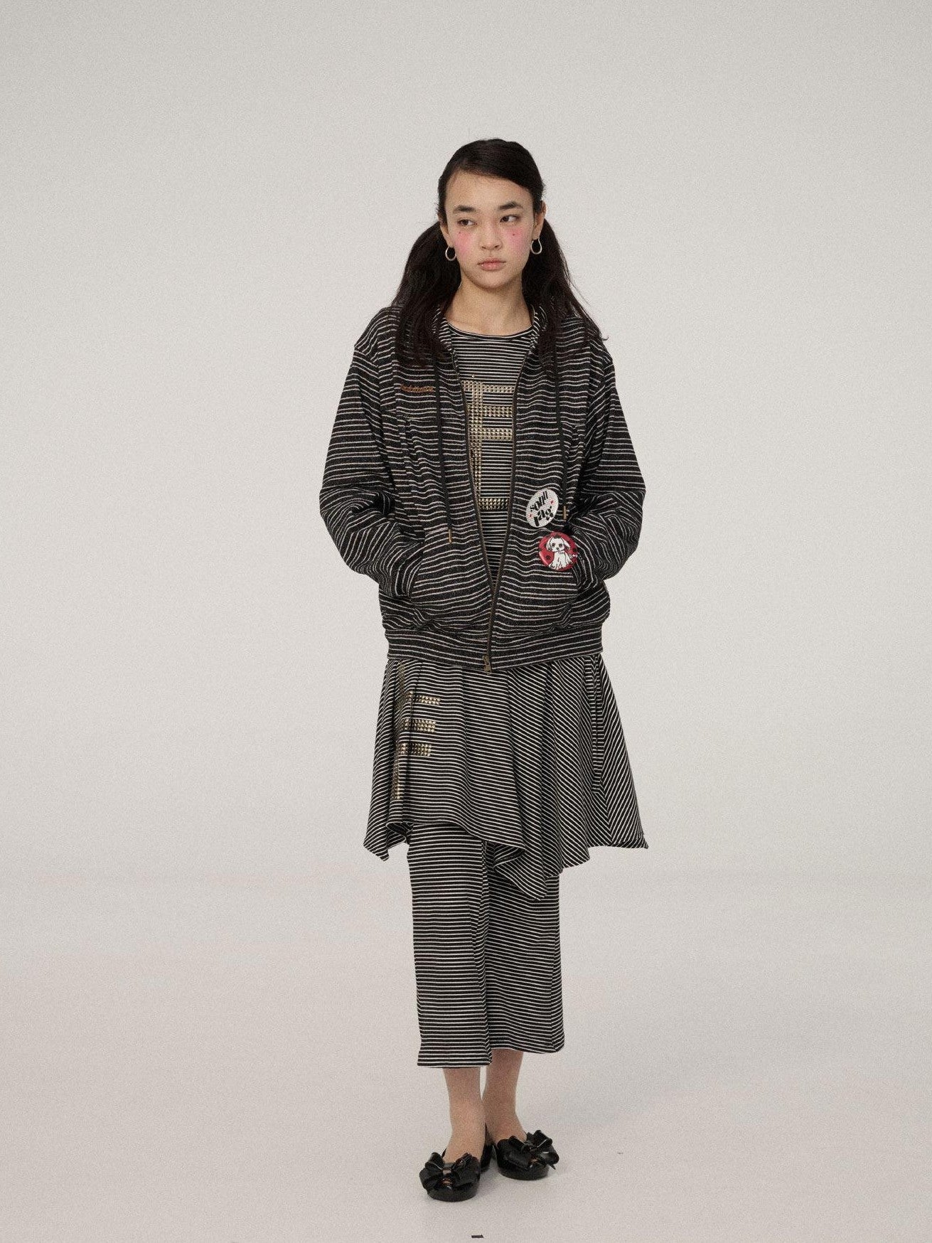 Achihara Black White Striped Hooded Zip Knit Straight Women'S Viscose Polyester Hoodies