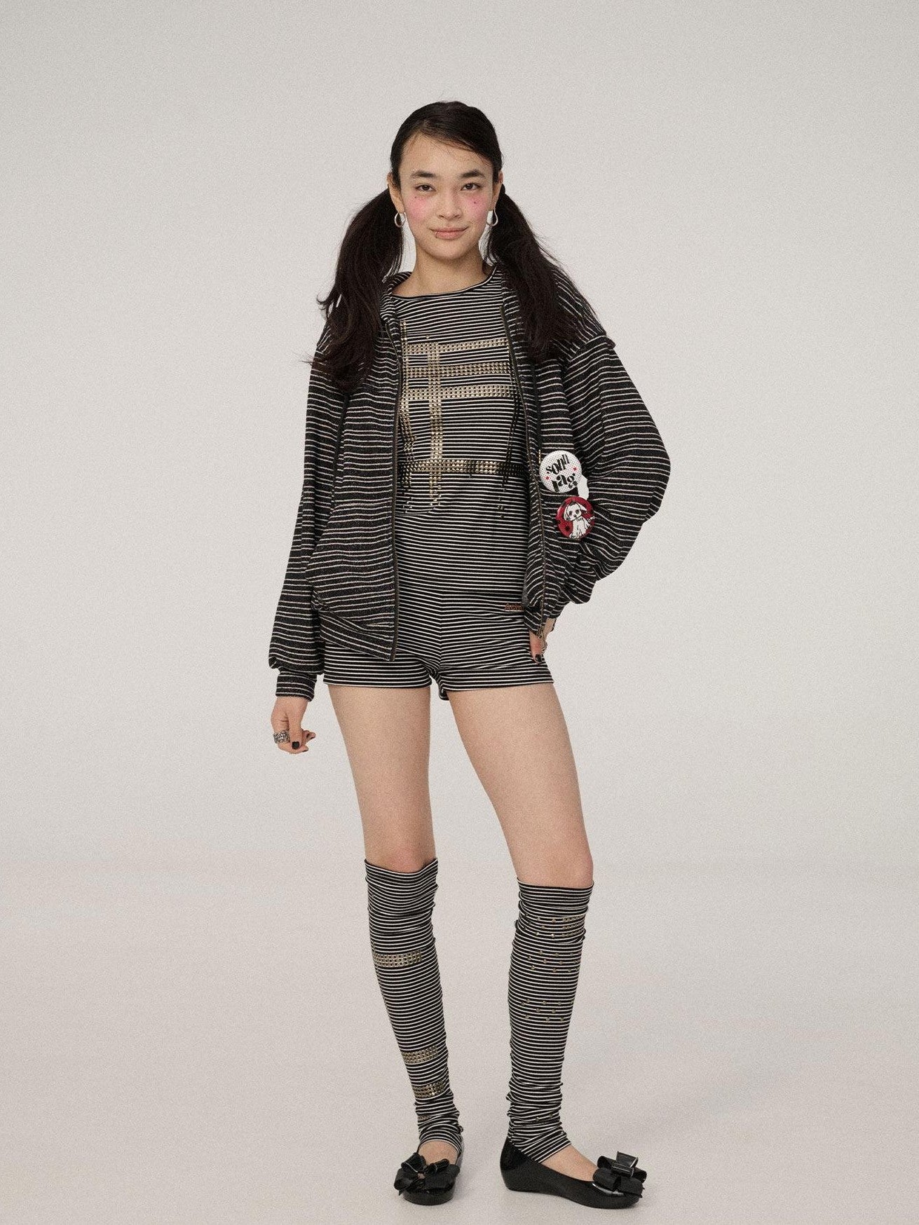 Achihara Black White Striped Hooded Zip Knit Straight Women'S Viscose Polyester Hoodies