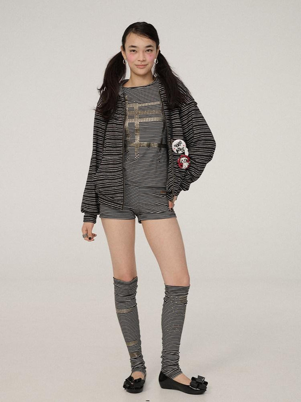 Achihara Black White Striped Hooded Zip Knit Straight Women'S Viscose Polyester Hoodies