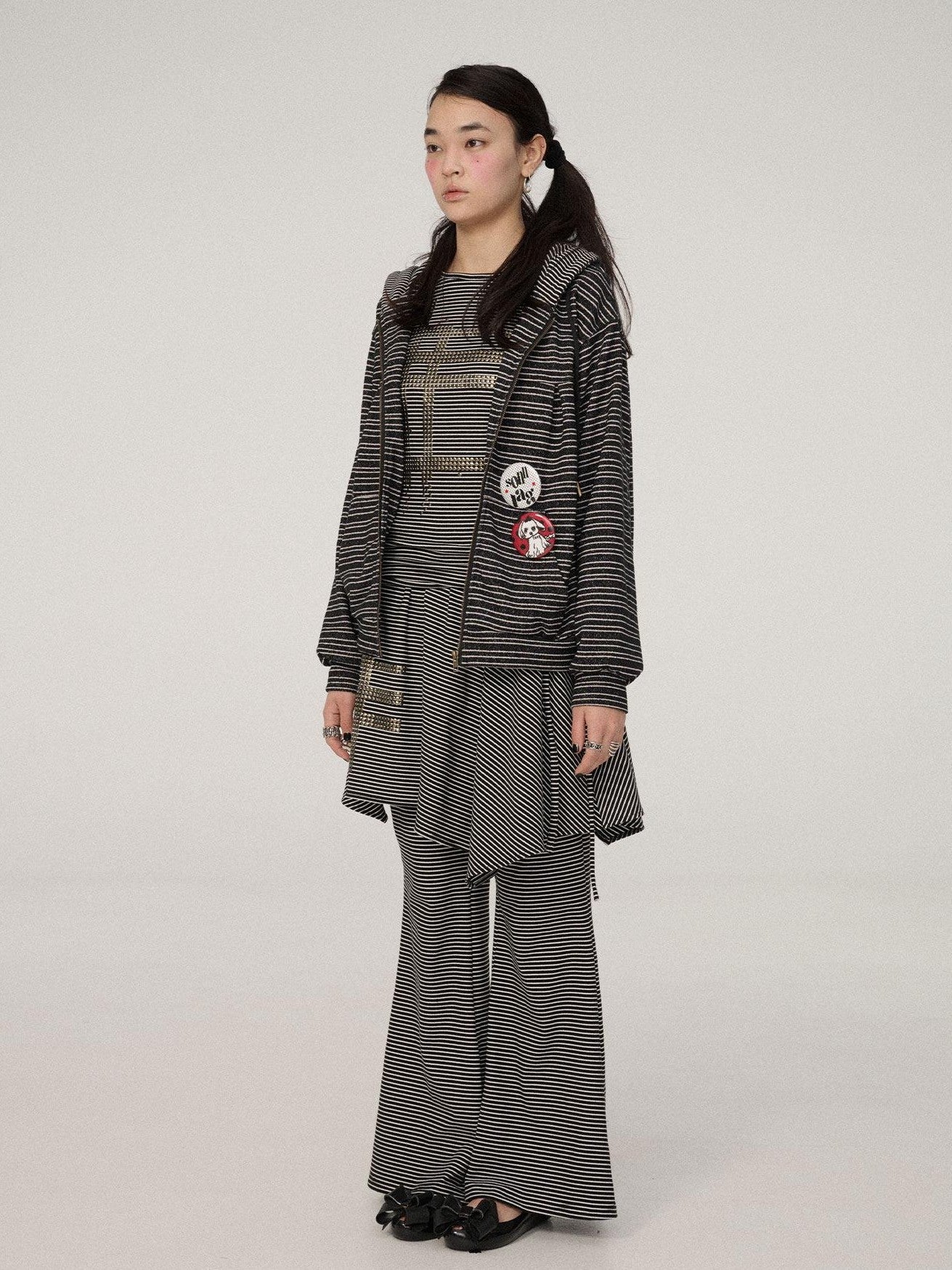 Achihara Black White Striped Hooded Zip Knit Straight Women'S Viscose Polyester Hoodies