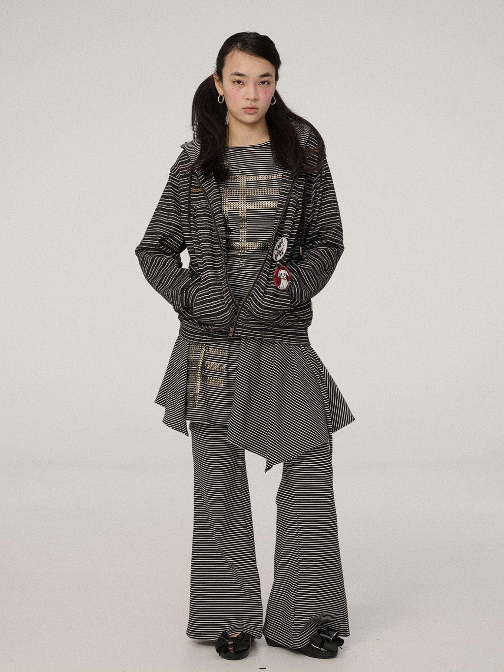 Achihara Black White Striped Hooded Zip Knit Straight Women'S Viscose Polyester Hoodies