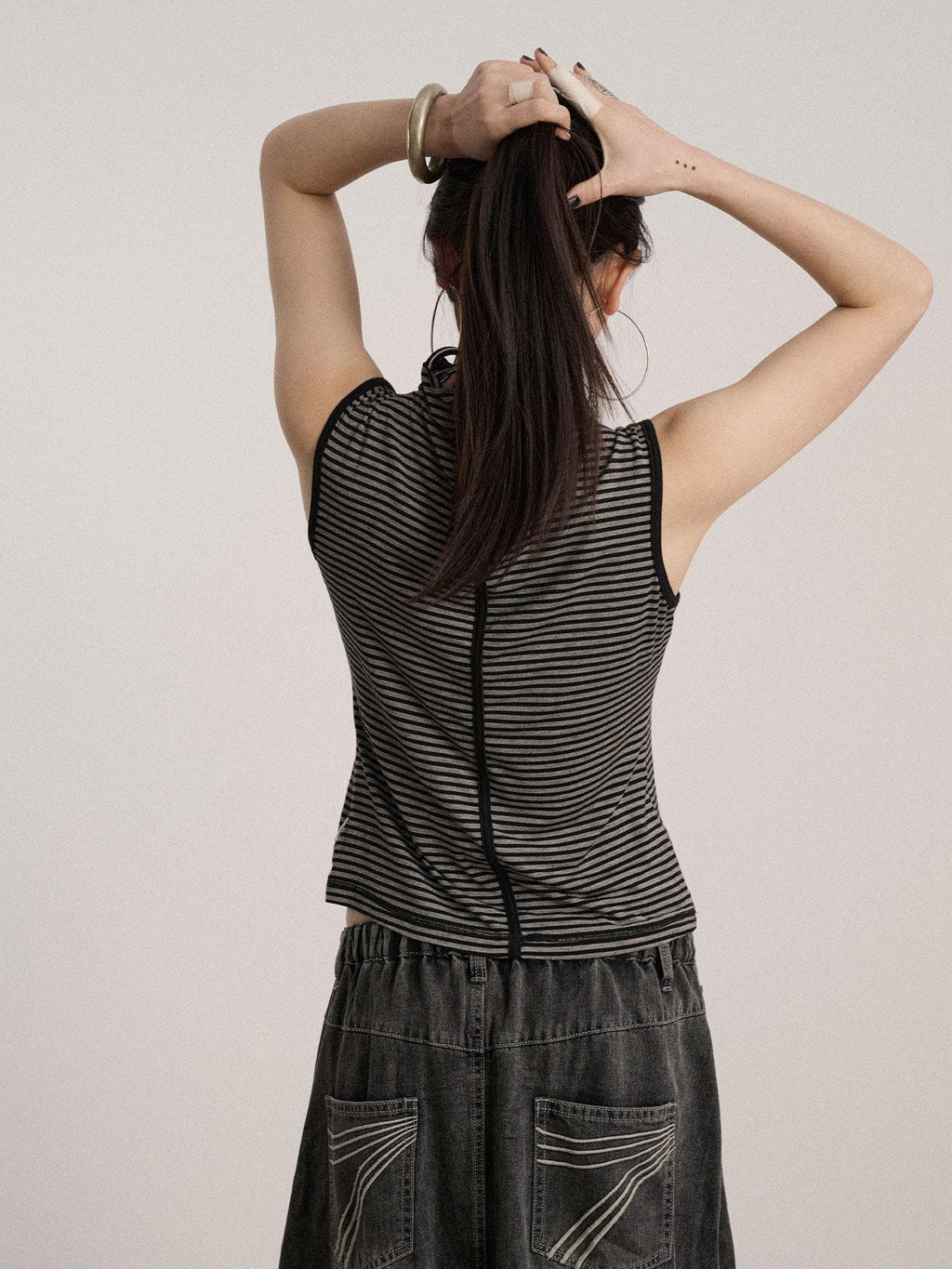 Achihara Black White Striped Mock Neck Strappy Cropped Women'S Stretch Cotton Tank Tops