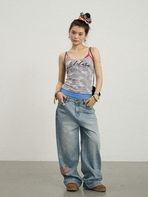 Achihara Blueberry Camo Letter Print Fitted Women'S Poly Cotton Camisoles