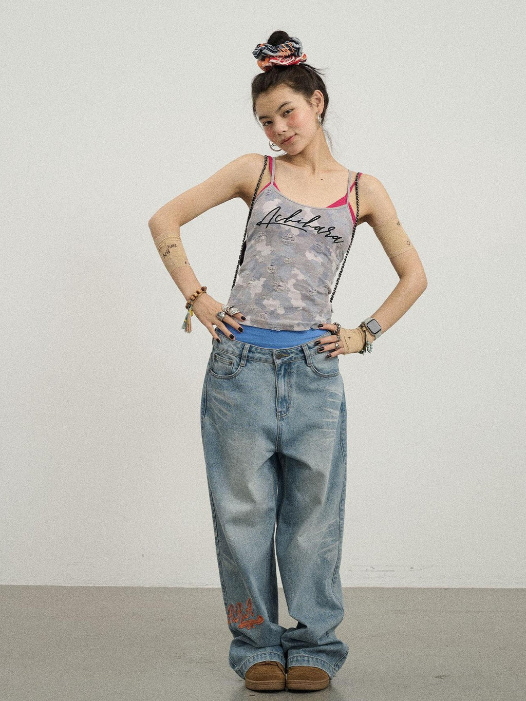 Achihara Blueberry Camo Letter Print Fitted Women'S Poly Cotton Camisoles
