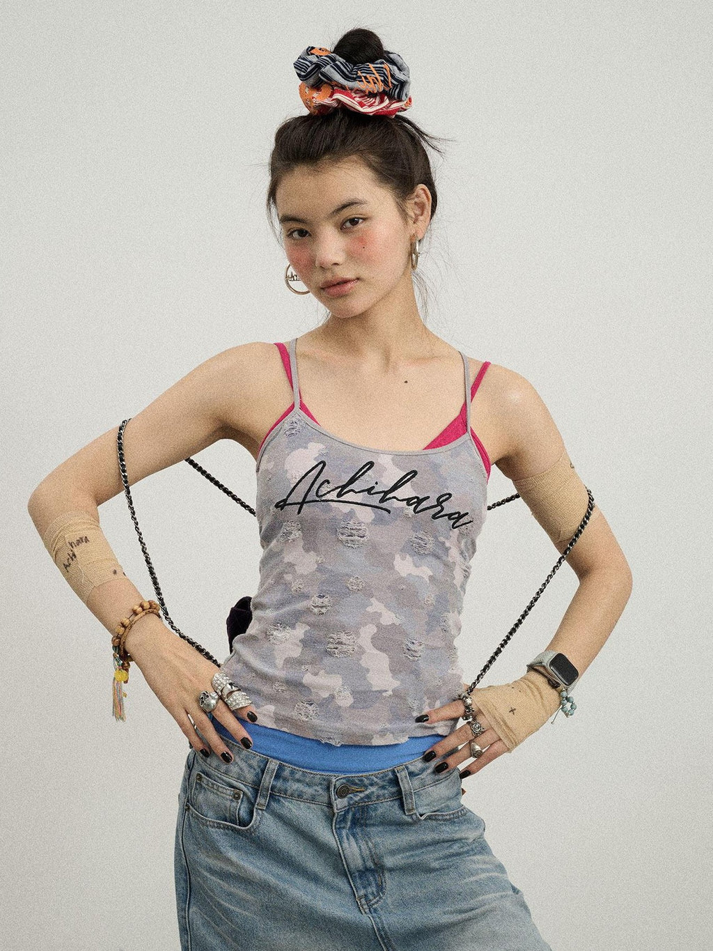 Achihara Blueberry Camo Letter Print Fitted Women'S Poly Cotton Camisoles