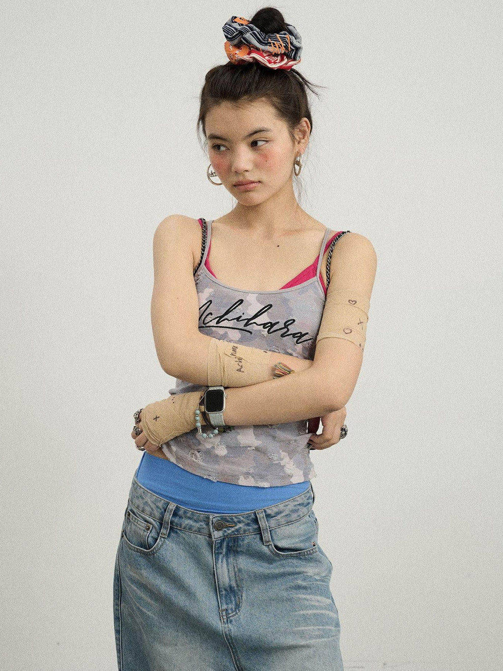 Achihara Blueberry Camo Letter Print Fitted Women'S Poly Cotton Camisoles