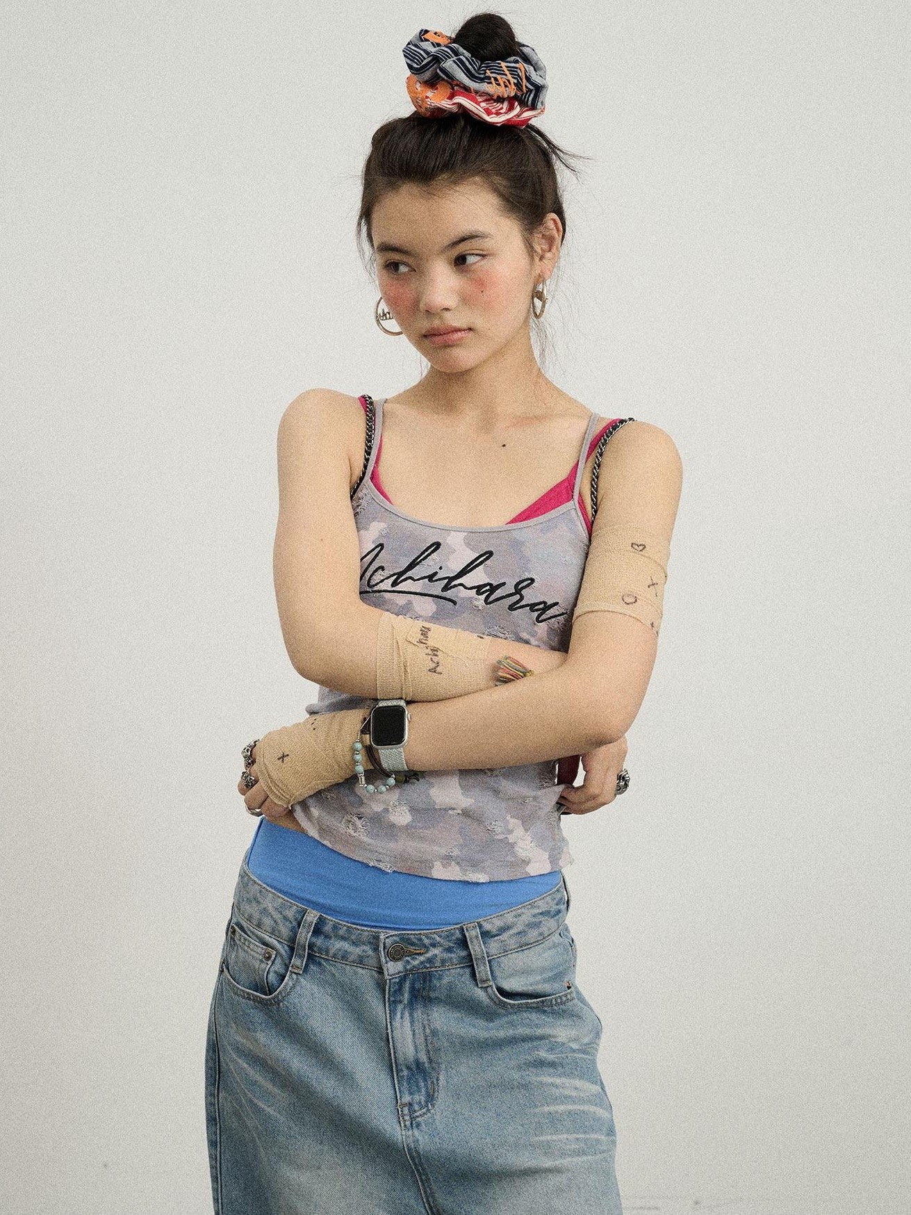 Achihara Blueberry Camo Letter Print Fitted Women'S Poly Cotton Camisoles
