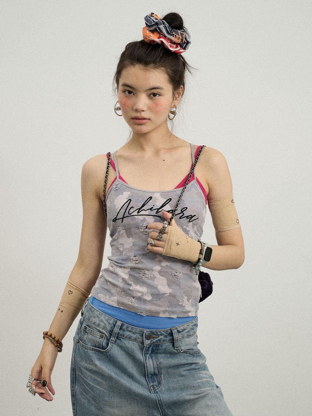 Achihara Blueberry Camo Letter Print Fitted Women'S Poly Cotton Camisoles